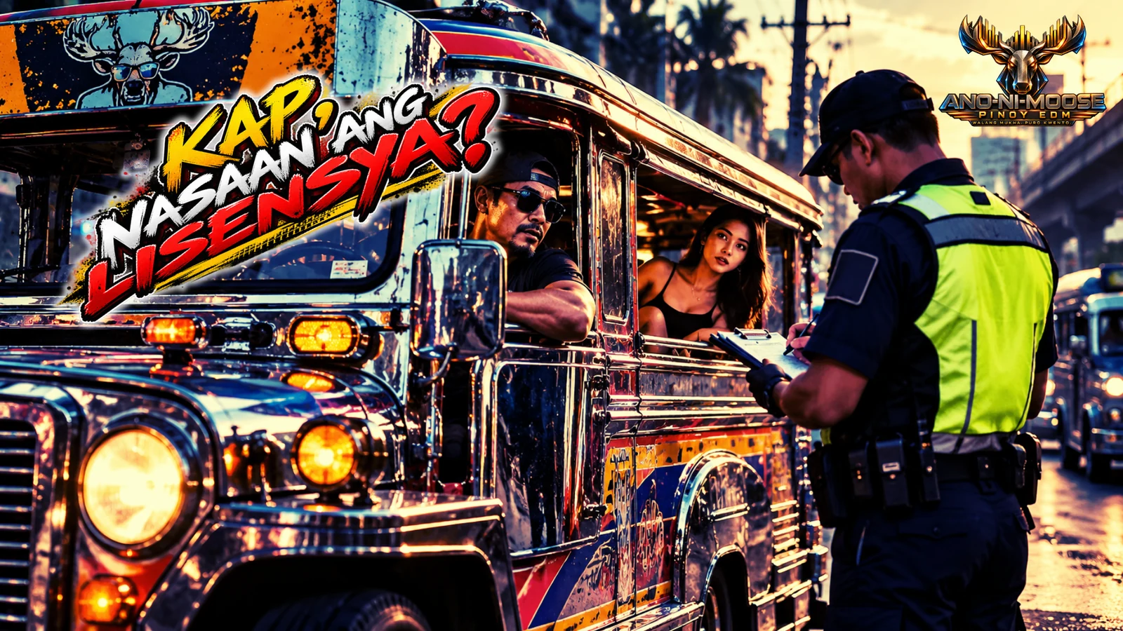 A jeepney driver faces a roadside enforcer beneath KAP, NASAAN ANG LISENSYA lettering.
